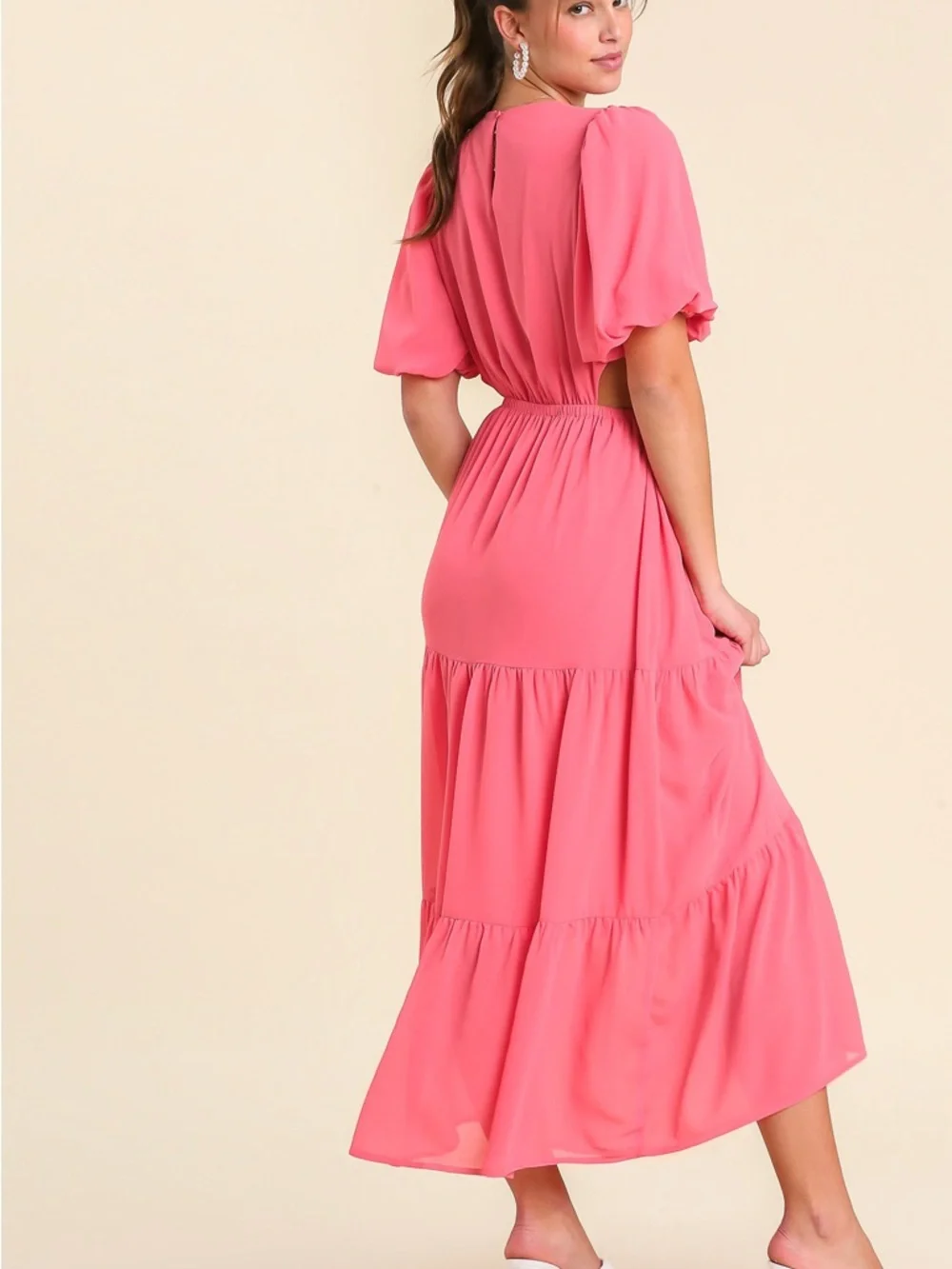 Umgee Round Neck Tiered Maxi Dress w/ Bubble Sleeves Cinched Waist Side Cutouts - Picture 3 of 4